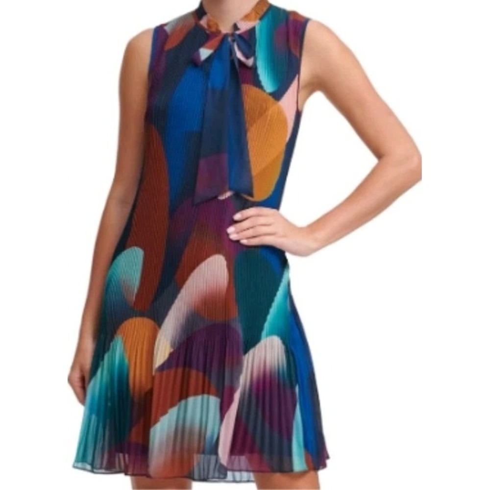 DKNY Dress Womens 16 Colorful Geometric Pleated Tank Flowy Midi Ruffle Tie Neck